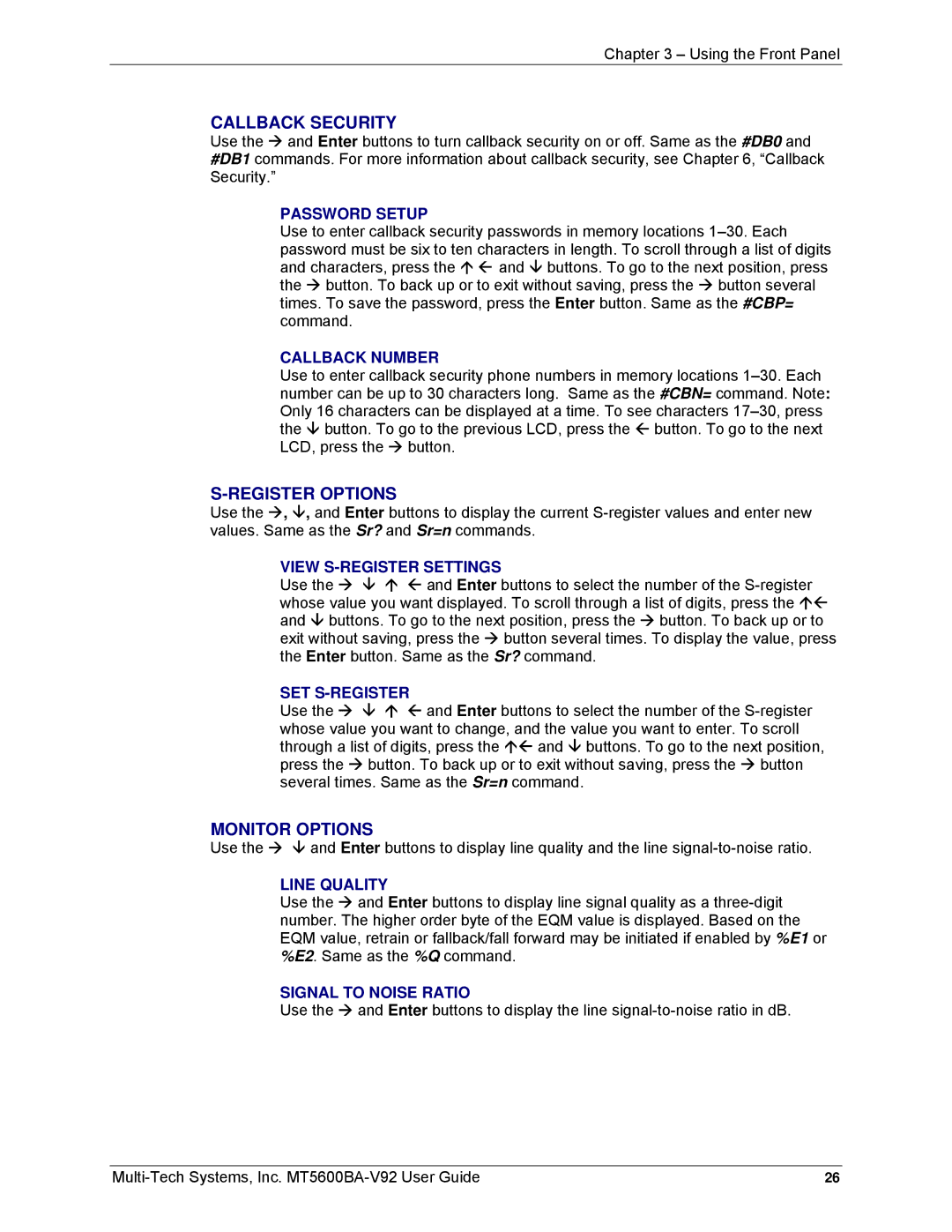 Multi-Tech Systems MT5600BA-V92 manual Callback Security 