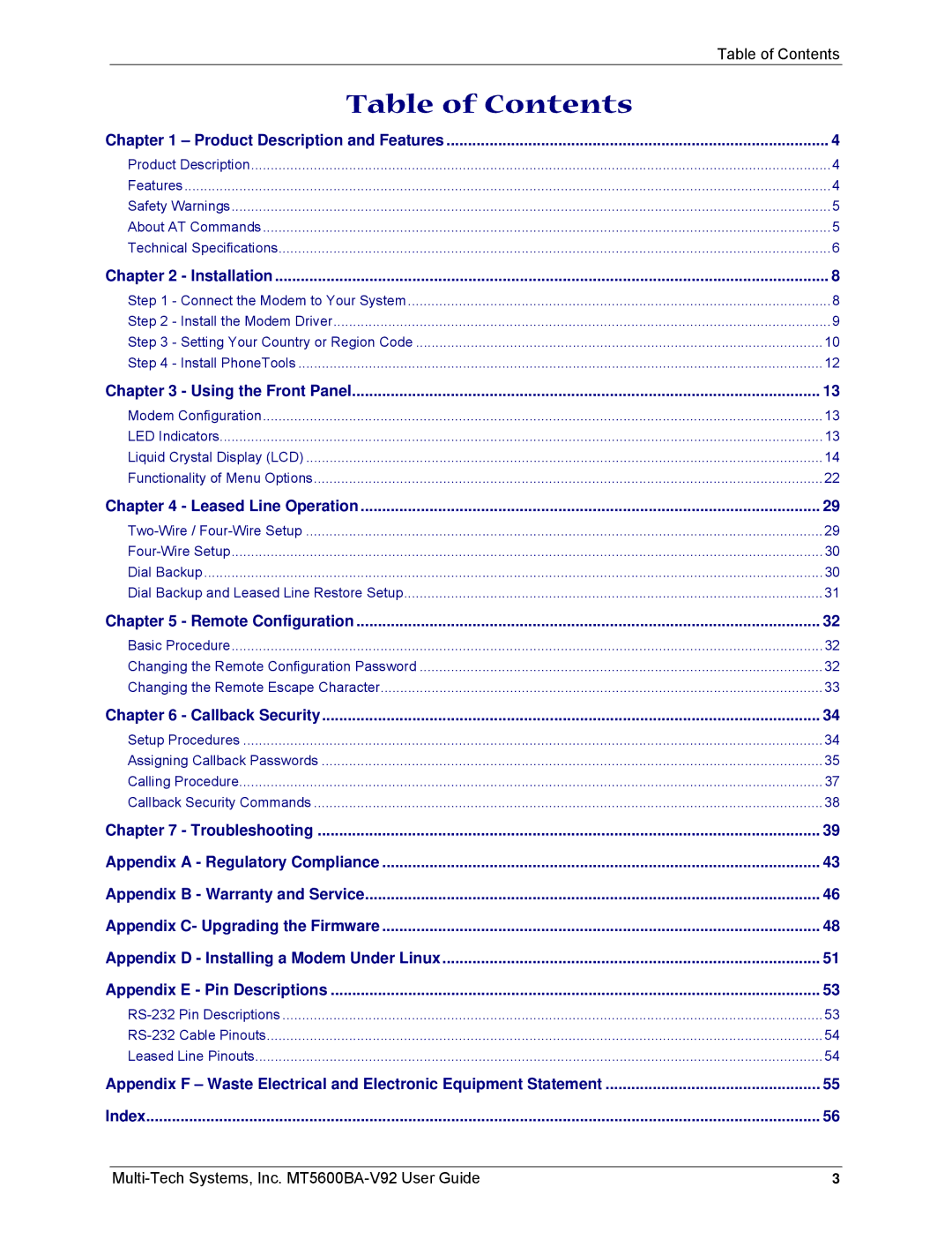 Multi-Tech Systems MT5600BA-V92 manual Table of Contents 