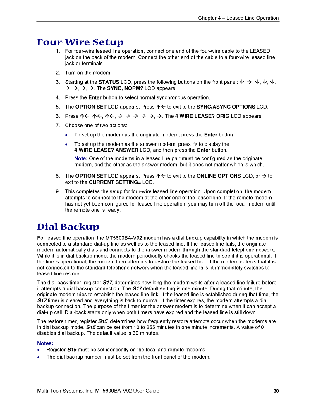 Multi-Tech Systems MT5600BA-V92 manual Four-Wire Setup, Dial Backup 