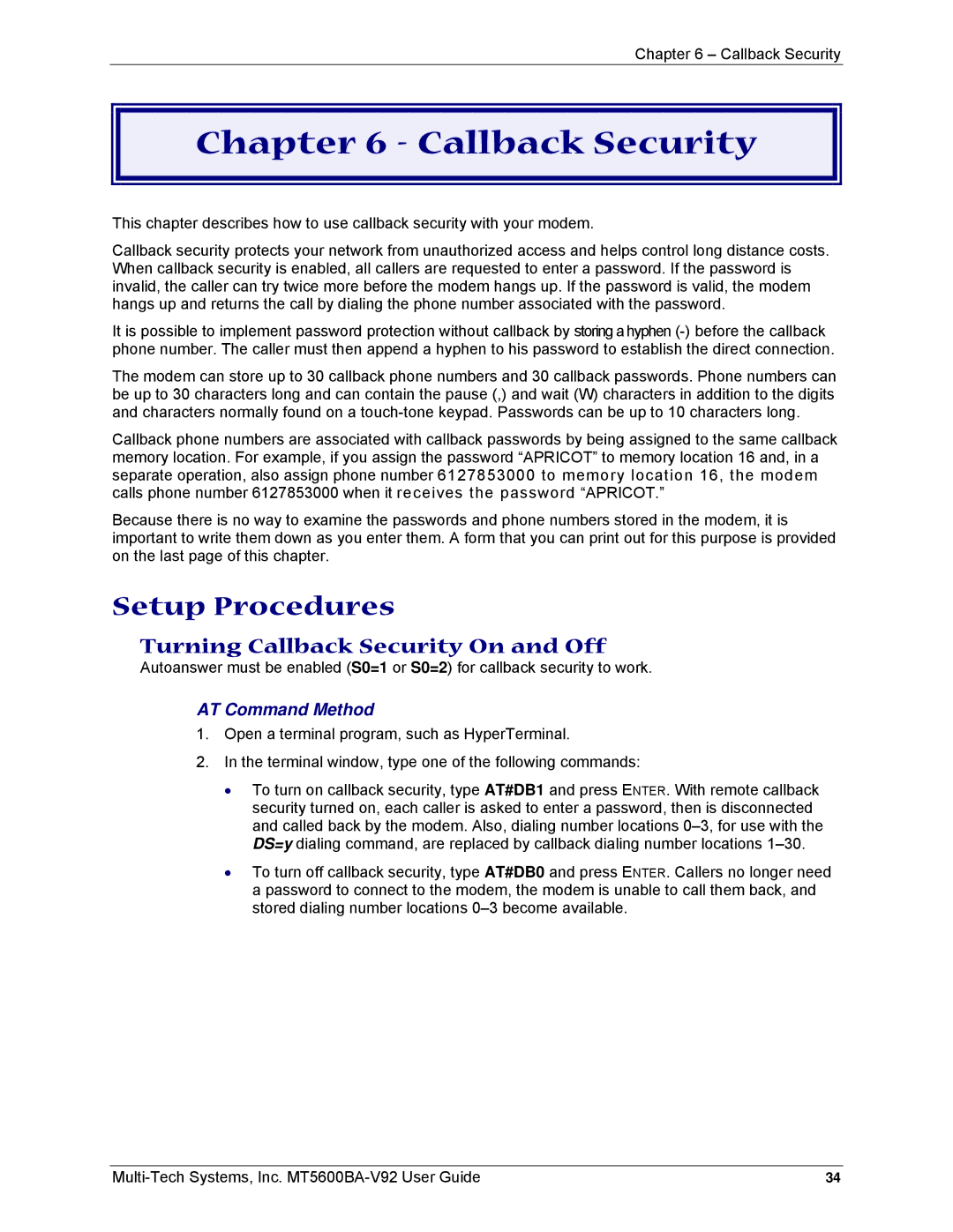 Multi-Tech Systems MT5600BA-V92 manual Setup Procedures, Turning Callback Security On and Off 