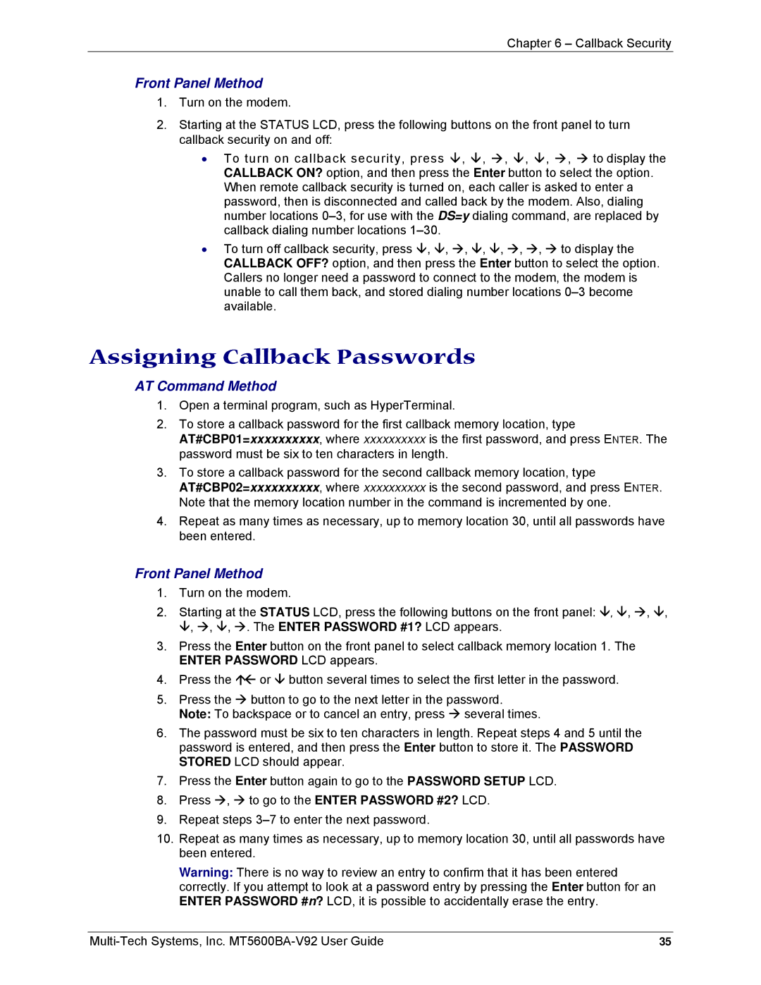 Multi-Tech Systems MT5600BA-V92 manual Assigning Callback Passwords, Front Panel Method 