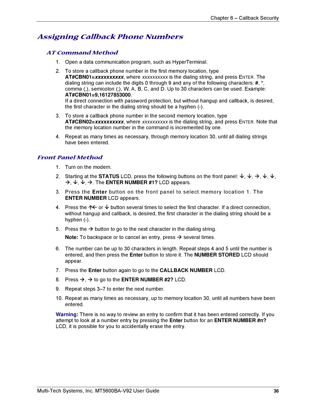 Multi-Tech Systems MT5600BA-V92 manual Assigning Callback Phone Numbers 