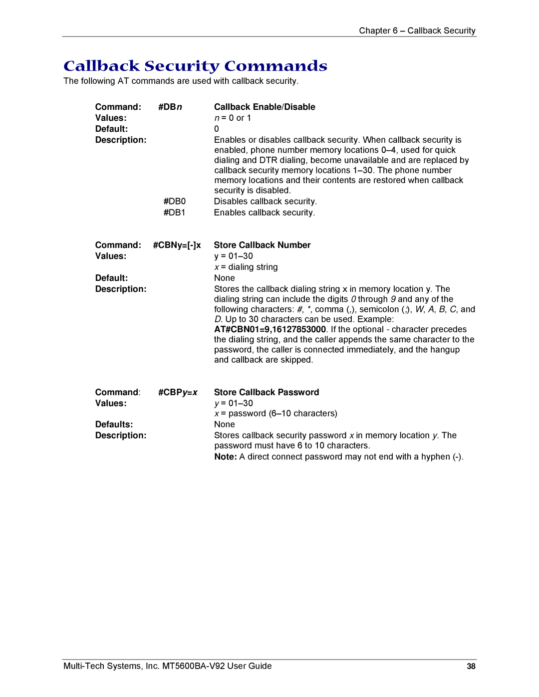 Multi-Tech Systems MT5600BA-V92 manual Callback Security Commands, Default Description 