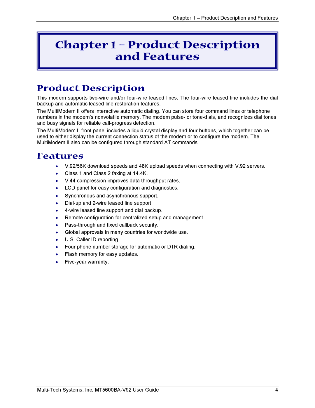 Multi-Tech Systems MT5600BA-V92 manual Product Description Features 