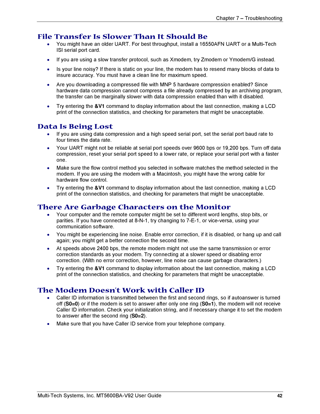 Multi-Tech Systems MT5600BA-V92 manual File Transfer Is Slower Than It Should Be, Data Is Being Lost 