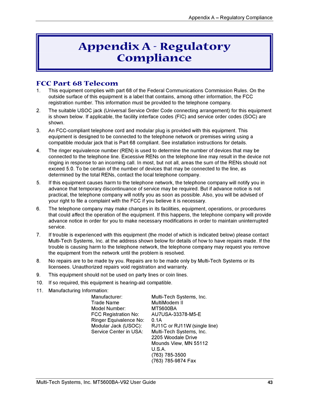 Multi-Tech Systems MT5600BA-V92 manual Appendix a Regulatory Compliance, FCC Part 68 Telecom 