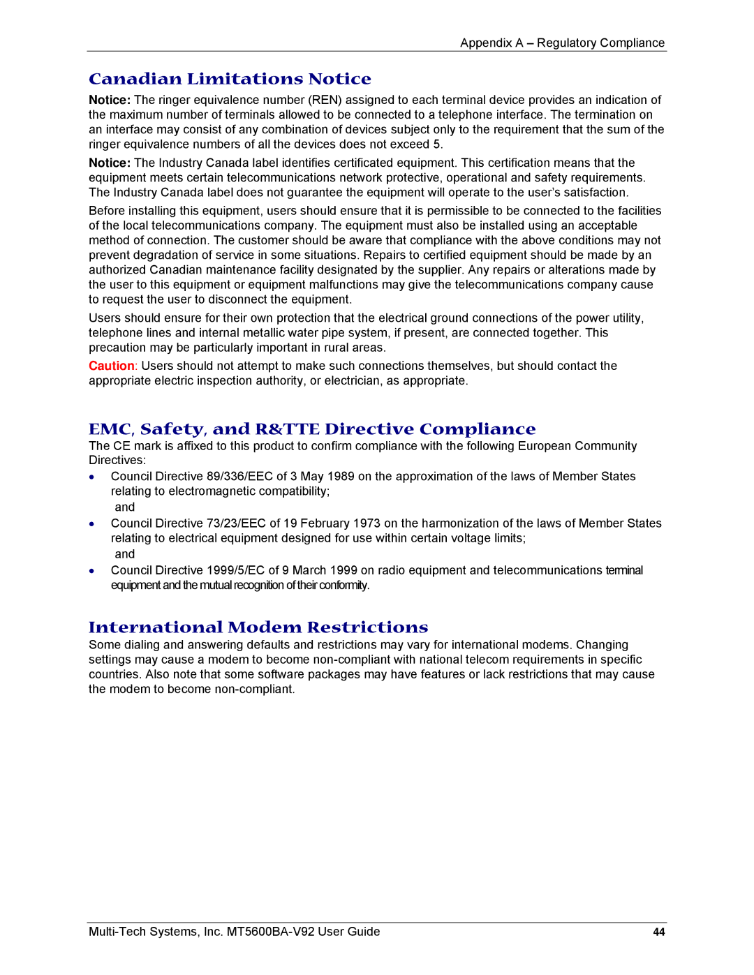 Multi-Tech Systems MT5600BA-V92 manual Canadian Limitations Notice, EMC, Safety, and R&TTE Directive Compliance 