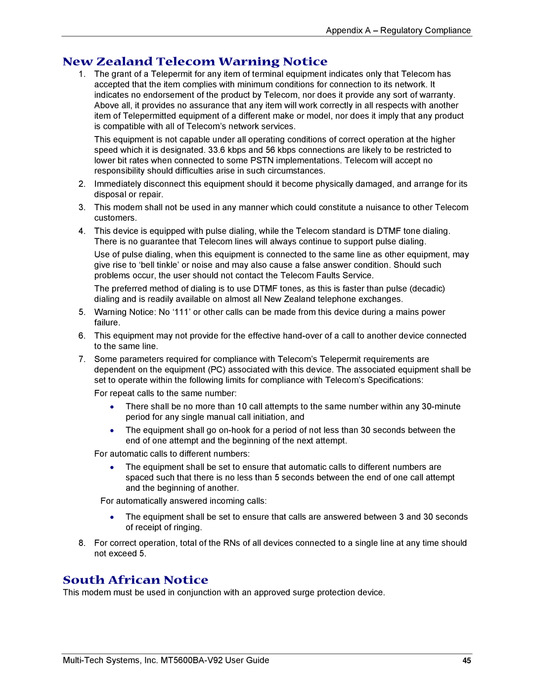 Multi-Tech Systems MT5600BA-V92 manual New Zealand Telecom Warning Notice, South African Notice 