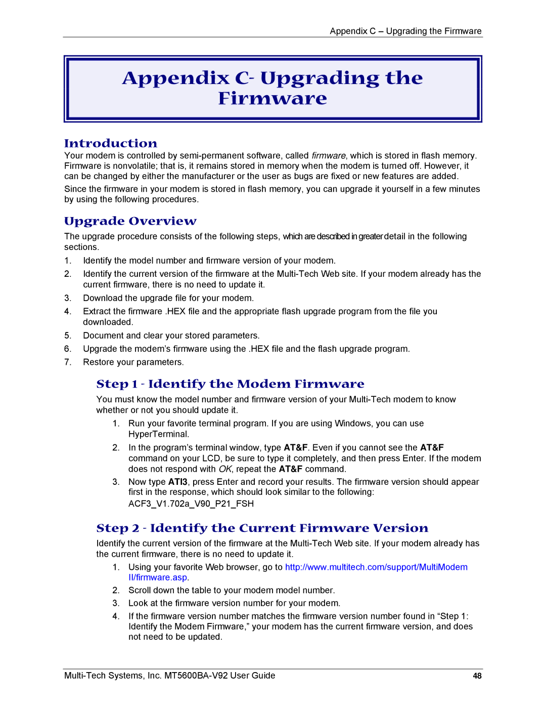 Multi-Tech Systems MT5600BA-V92 manual Appendix C- Upgrading Firmware, Introduction, Upgrade Overview 