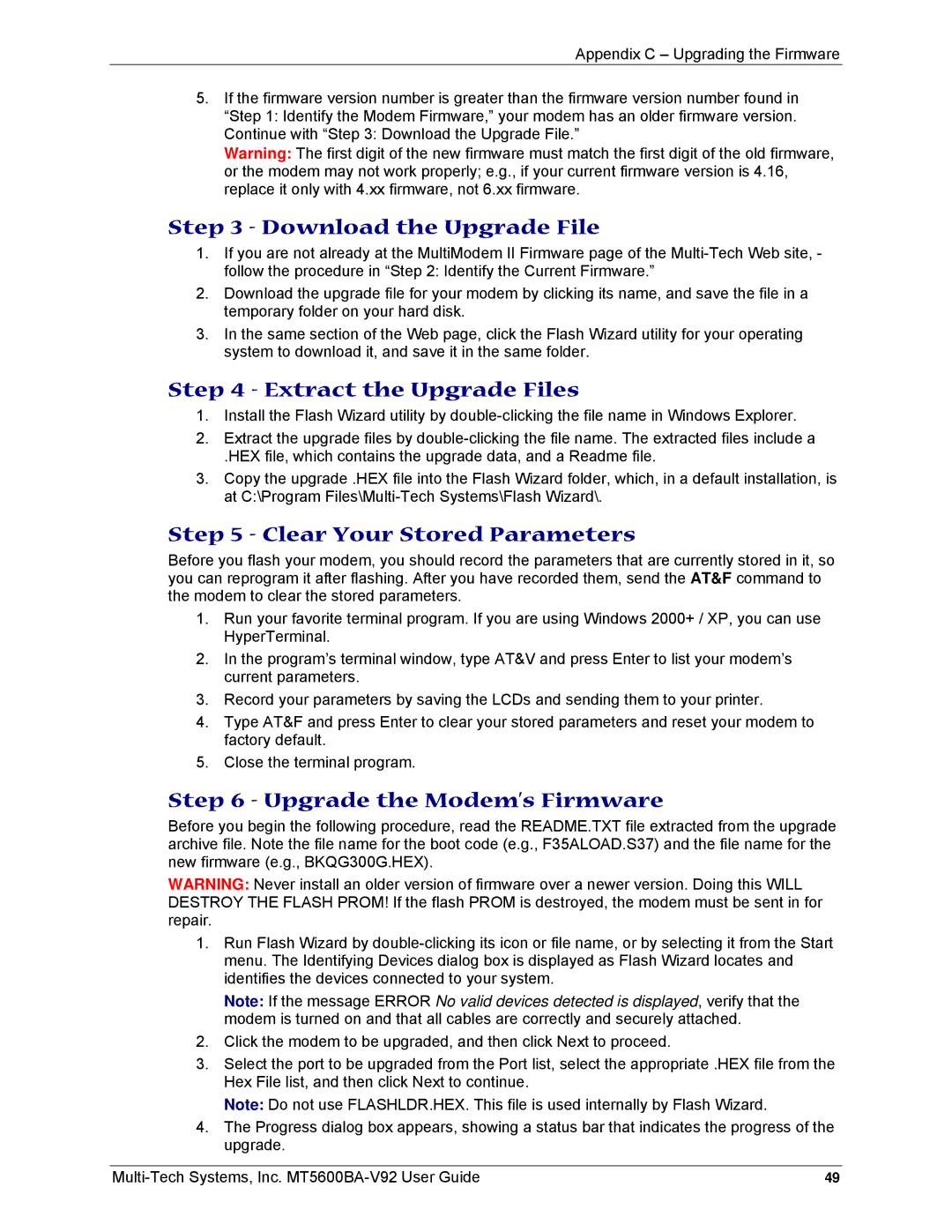 Multi-Tech Systems MT5600BA-V92 manual Download the Upgrade File, Extract the Upgrade Files, Clear Your Stored Parameters 