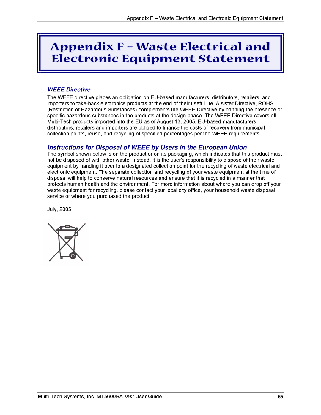 Multi-Tech Systems MT5600BA-V92 manual Weee Directive 