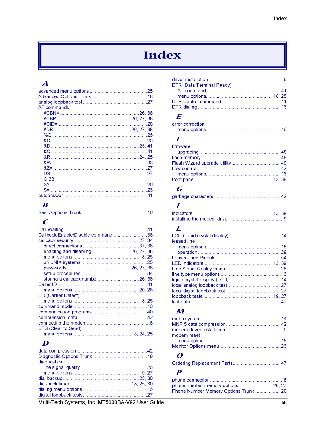 Multi-Tech Systems MT5600BA-V92 manual Index, #Db 