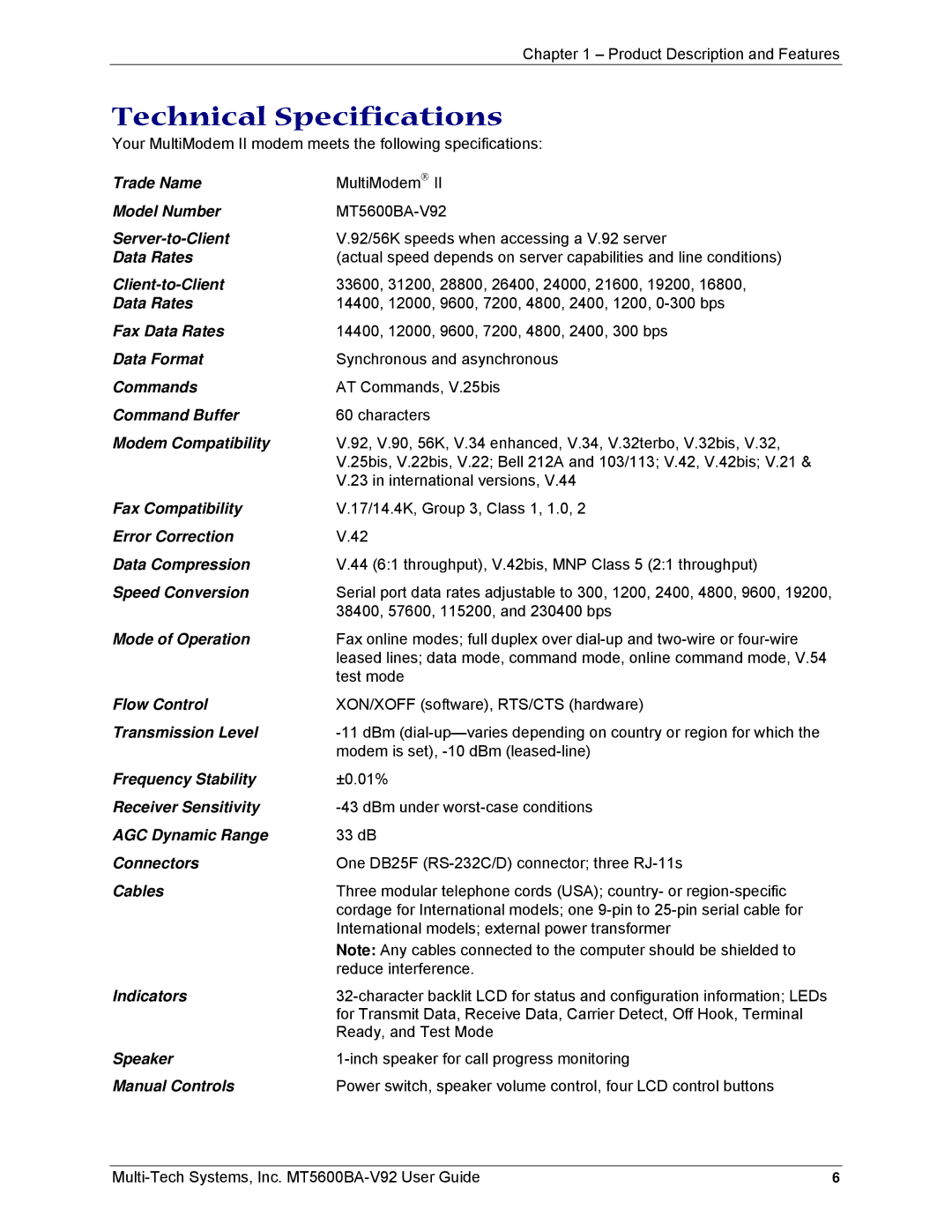 Multi-Tech Systems MT5600BA-V92 manual Technical Specifications, Modem Compatibility 