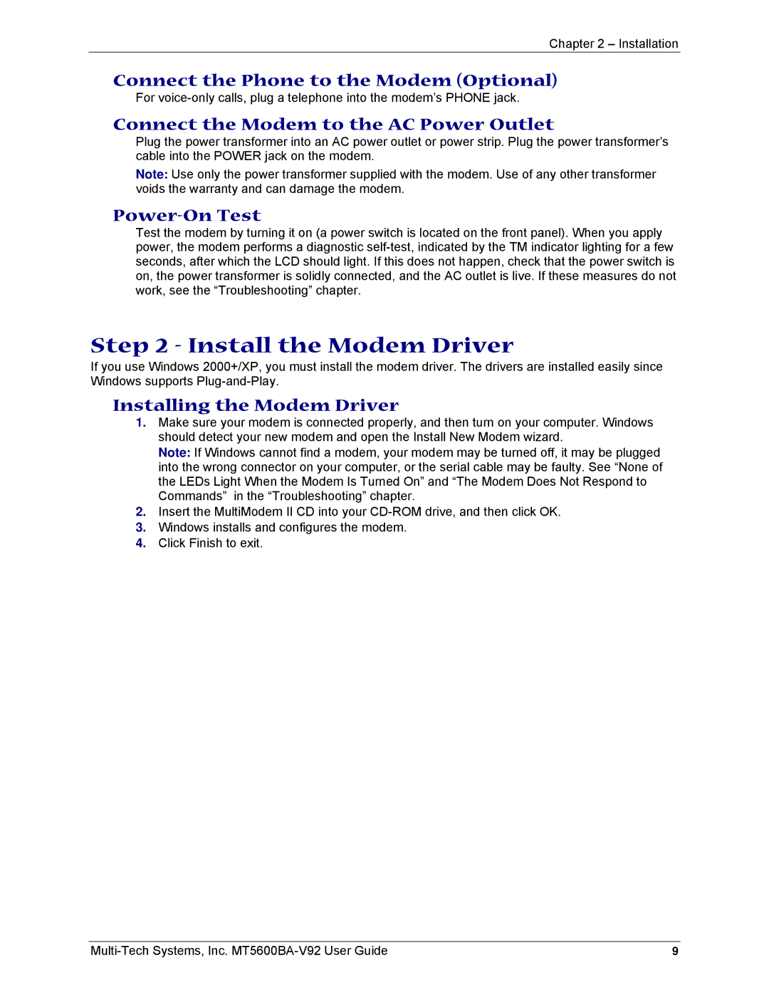 Multi-Tech Systems MT5600BA-V92 manual Install the Modem Driver, Connect the Phone to the Modem Optional, Power-On Test 