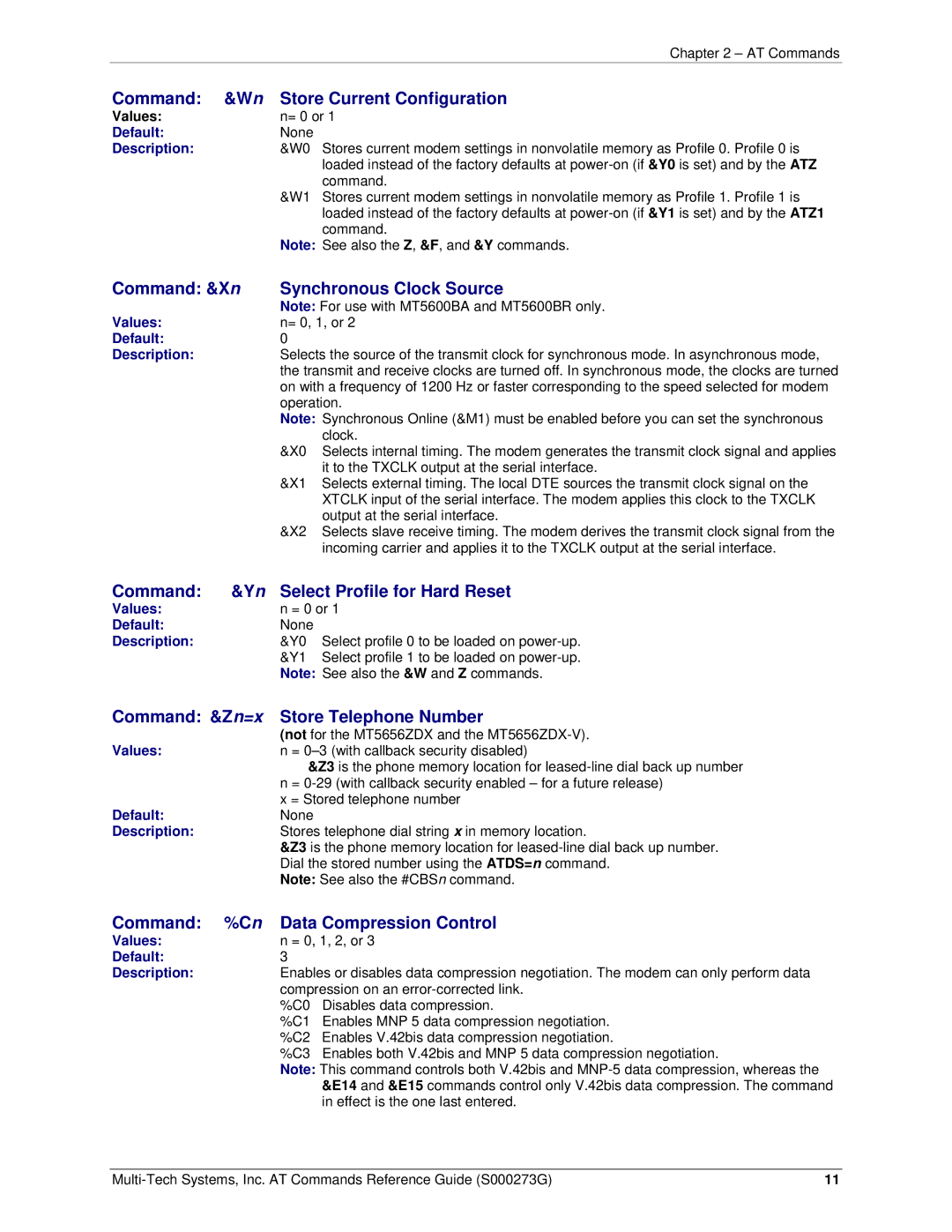 Multi-Tech Systems MT5600BA-V92 manual Command Store Current Configuration, Command &Xn Synchronous Clock Source 