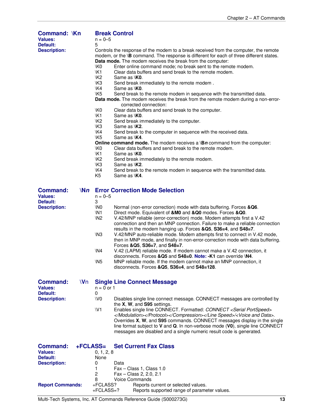 Multi-Tech Systems MT5600BA-V92 Command \Kn Break Control, Command \Nn Error Correction Mode Selection, Report Commands 