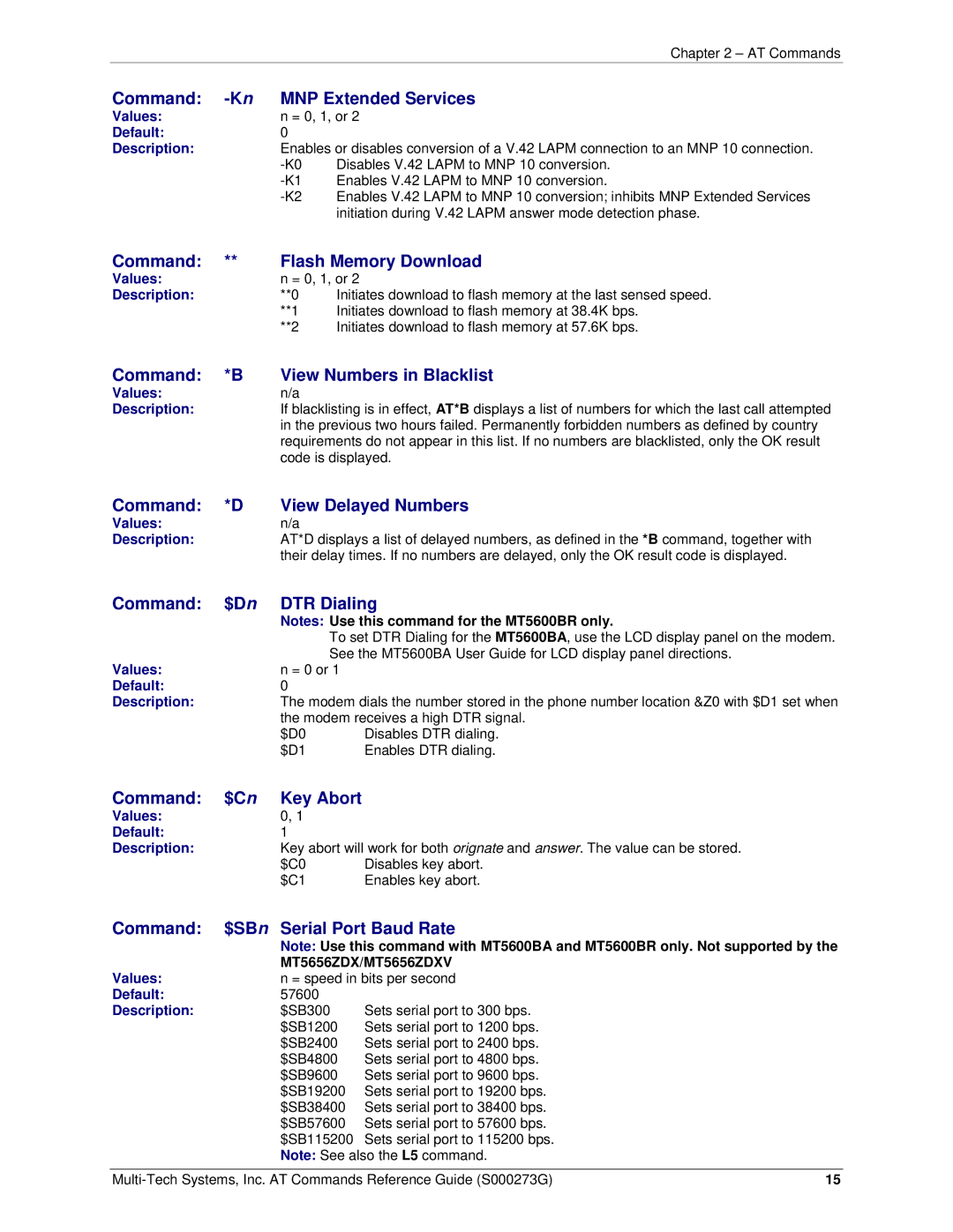 Multi-Tech Systems MT5600BA-V92 Command MNP Extended Services, Command Flash Memory Download, Command View Delayed Numbers 