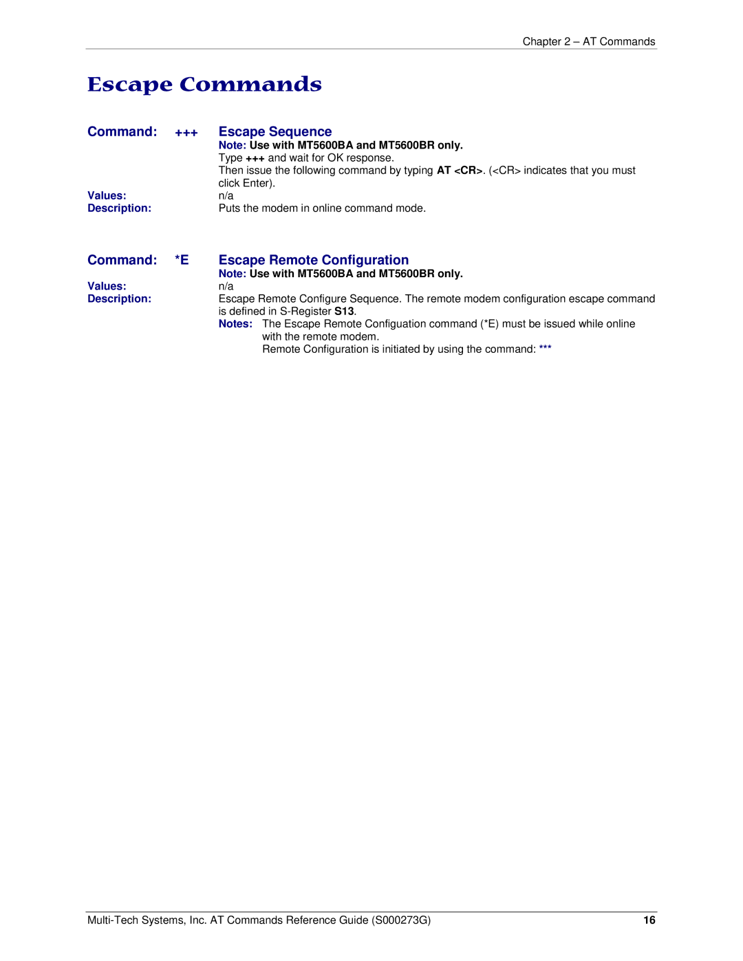 Multi-Tech Systems MT5600BA-V92 manual Escape Commands, Command +++ Escape Sequence, Command *E Escape Remote Configuration 