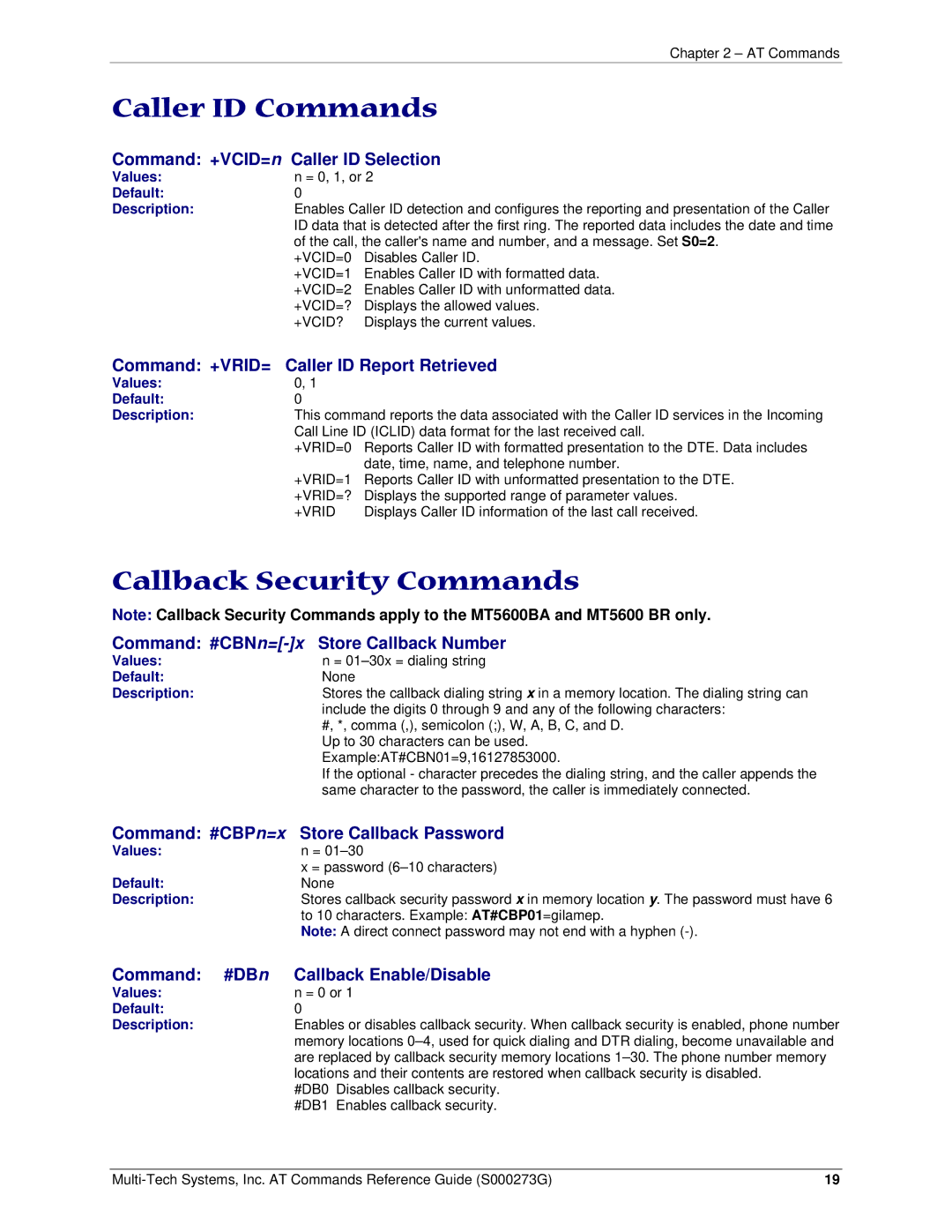 Multi-Tech Systems MT5600BA-V92 manual Caller ID Commands, Callback Security Commands 