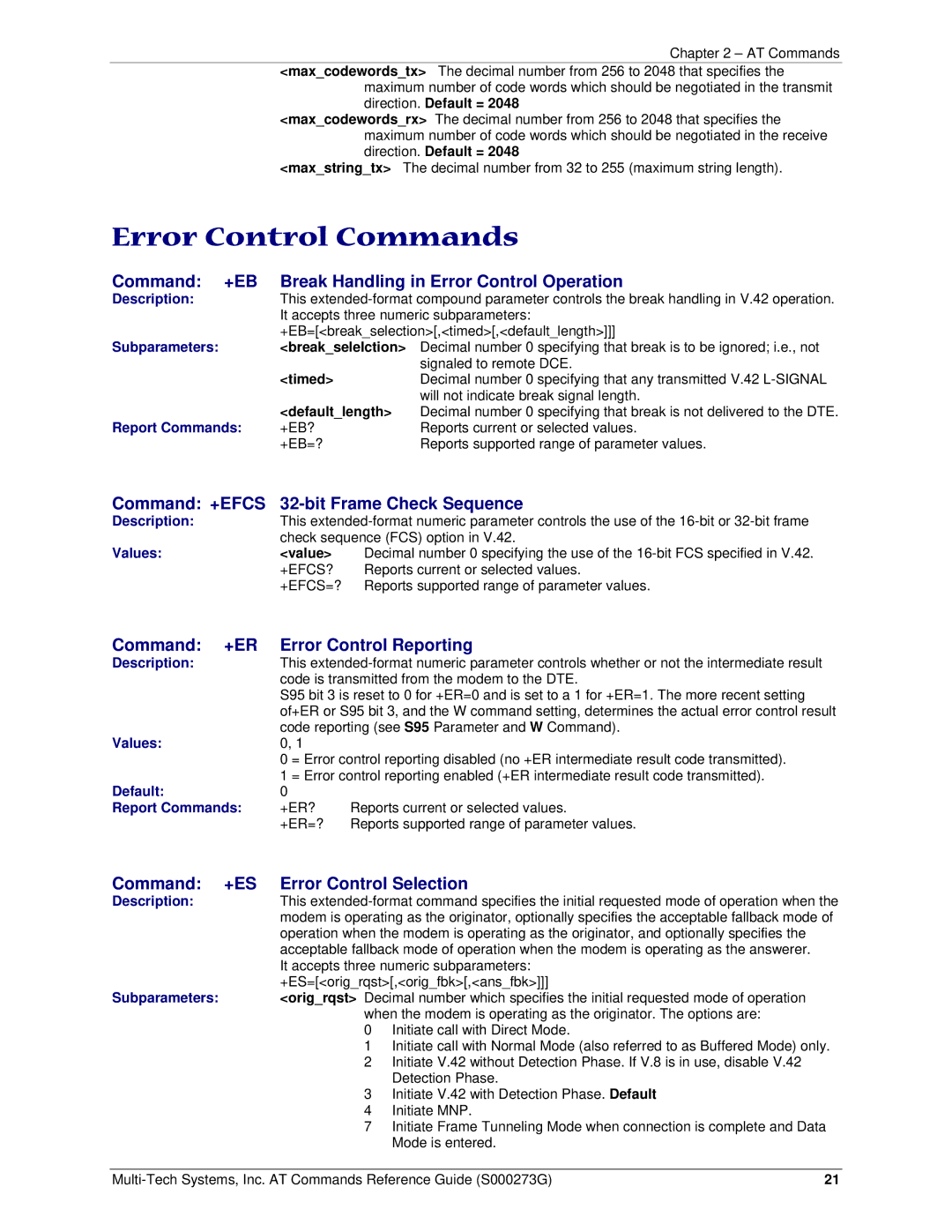 Multi-Tech Systems MT5600BA-V92 manual Error Control Commands, Command +EB Break Handling in Error Control Operation 