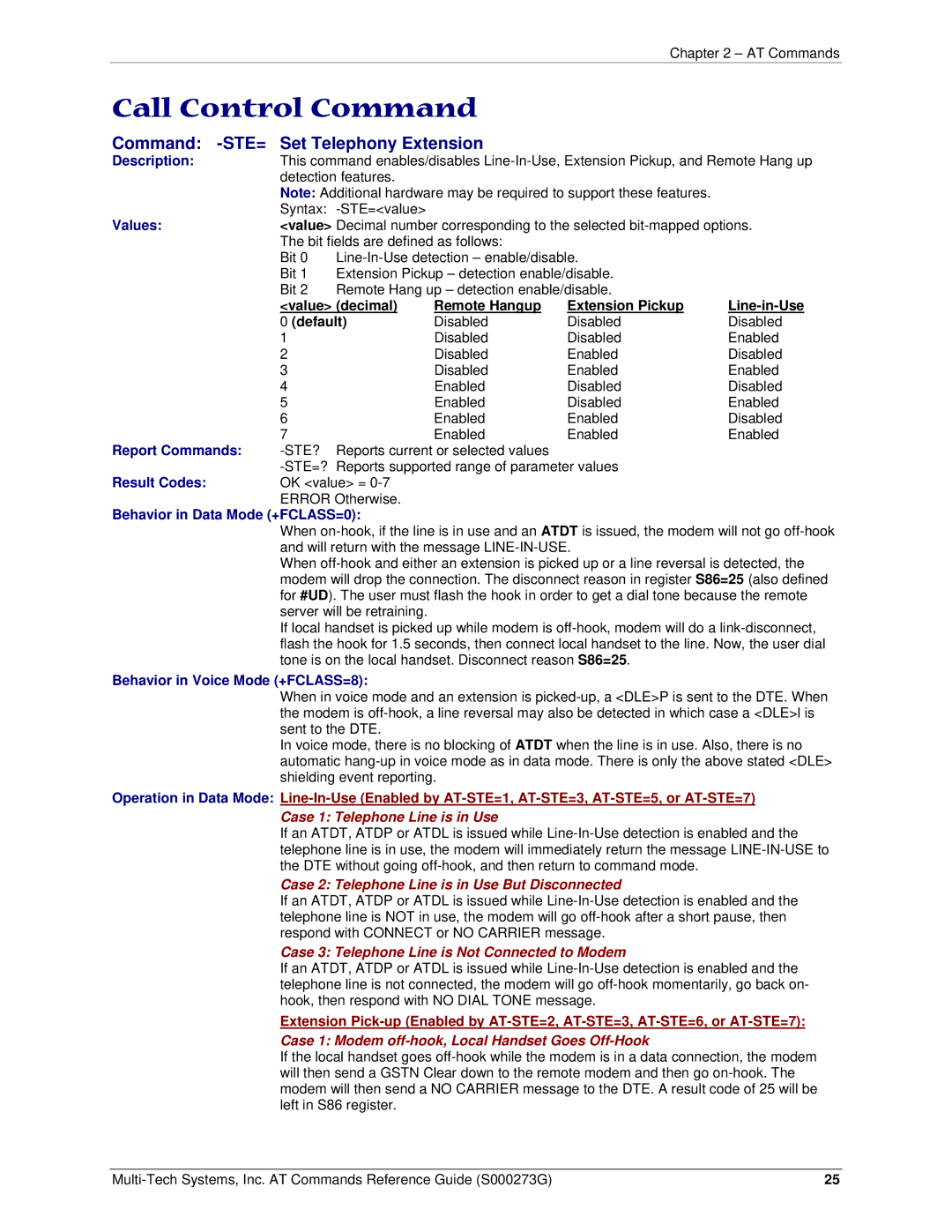 Multi-Tech Systems MT5600BA-V92 manual Call Control Command, Command -STE= Set Telephony Extension 