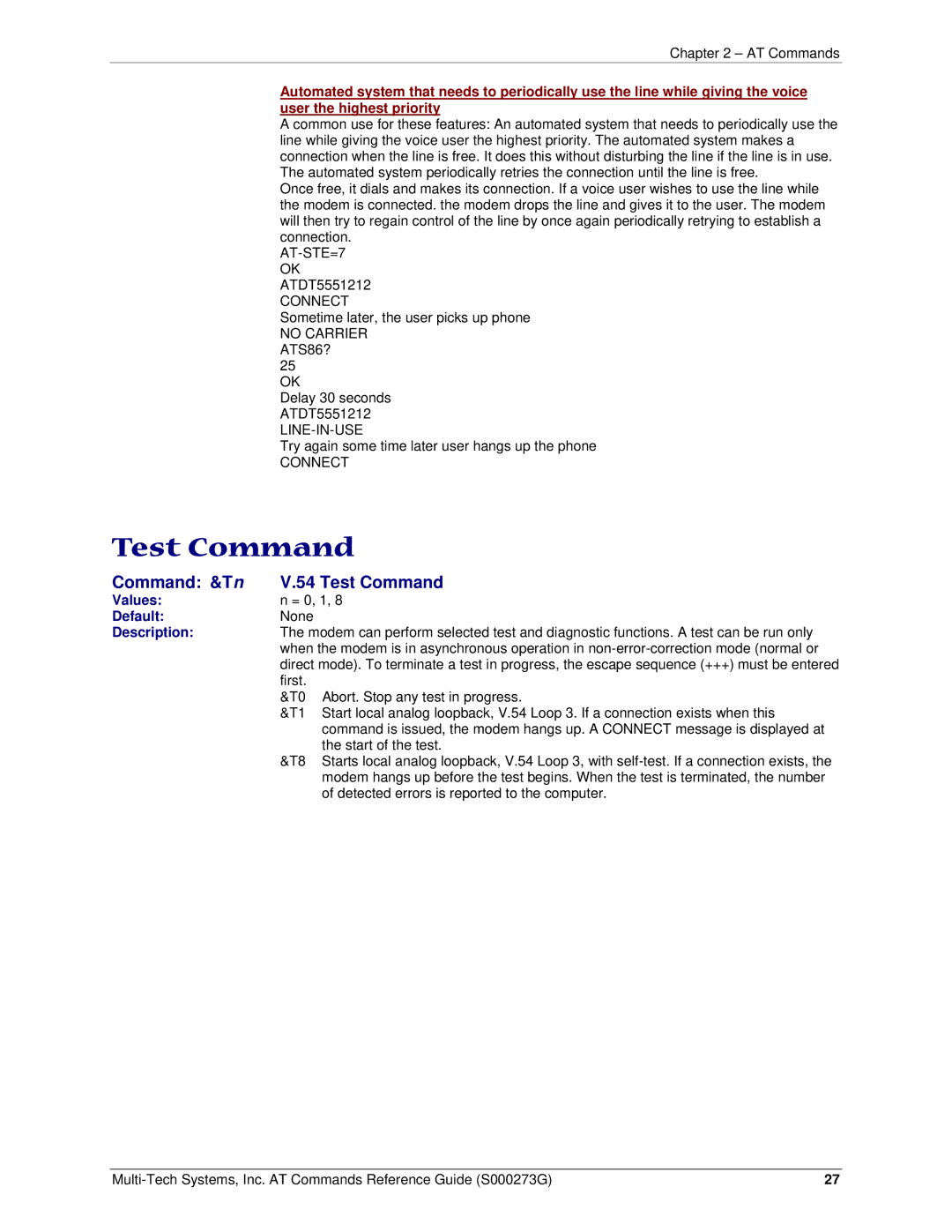 Multi-Tech Systems MT5600BA-V92 manual Command &T n Test Command, No Carrier ATS86? 