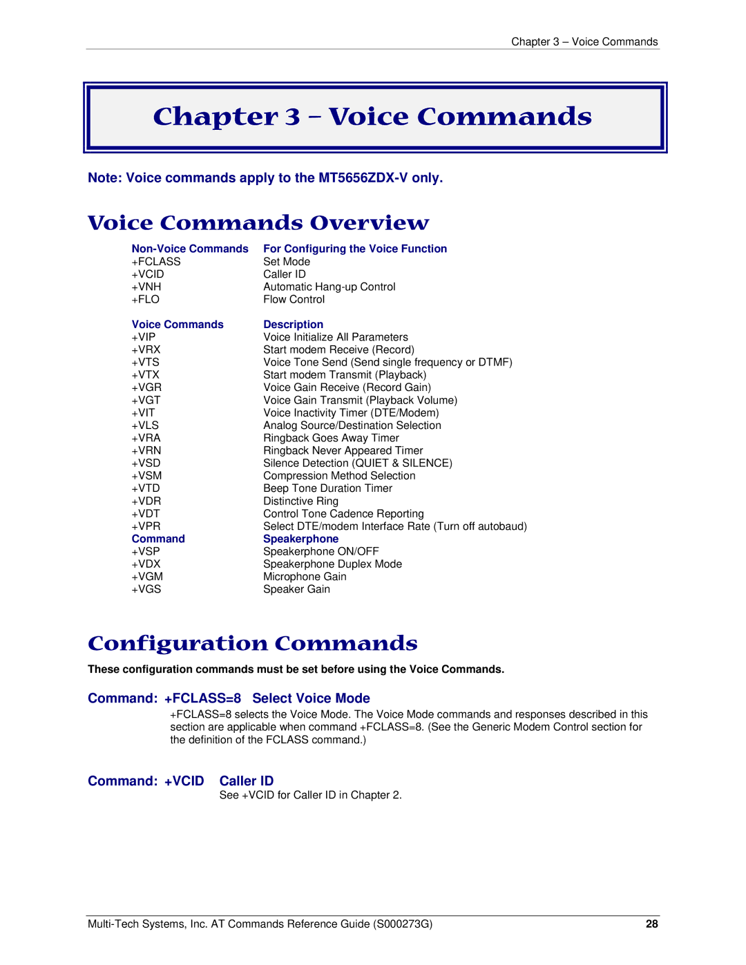 Multi-Tech Systems MT5600BA-V92 Voice Commands Overview, Configuration Commands, Command +FCLASS=8 Select Voice Mode 