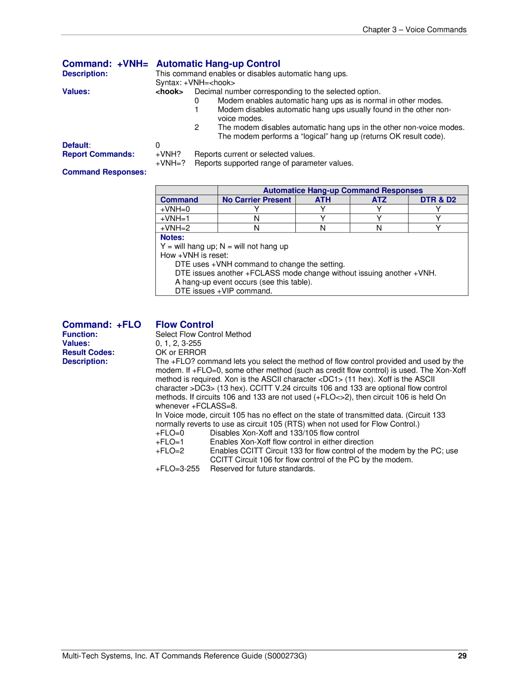 Multi-Tech Systems MT5600BA-V92 manual Command +VNH= Automatic Hang-up Control, Command +FLO Flow Control 