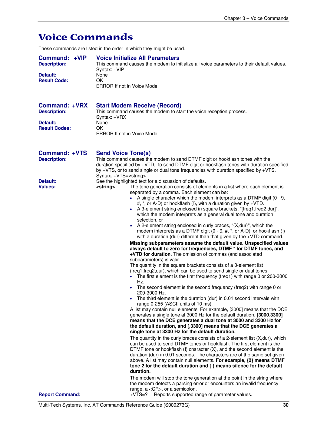 Multi-Tech Systems MT5600BA-V92 manual Voice Commands, Command +VIP Voice Initialize All Parameters, Report Command 
