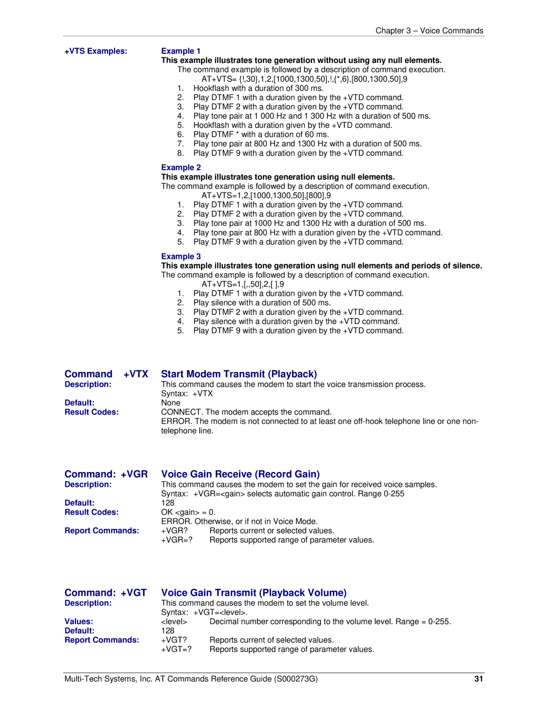 Multi-Tech Systems MT5600BA-V92 Command +VTX Start Modem Transmit Playback, Command +VGR Voice Gain Receive Record Gain 