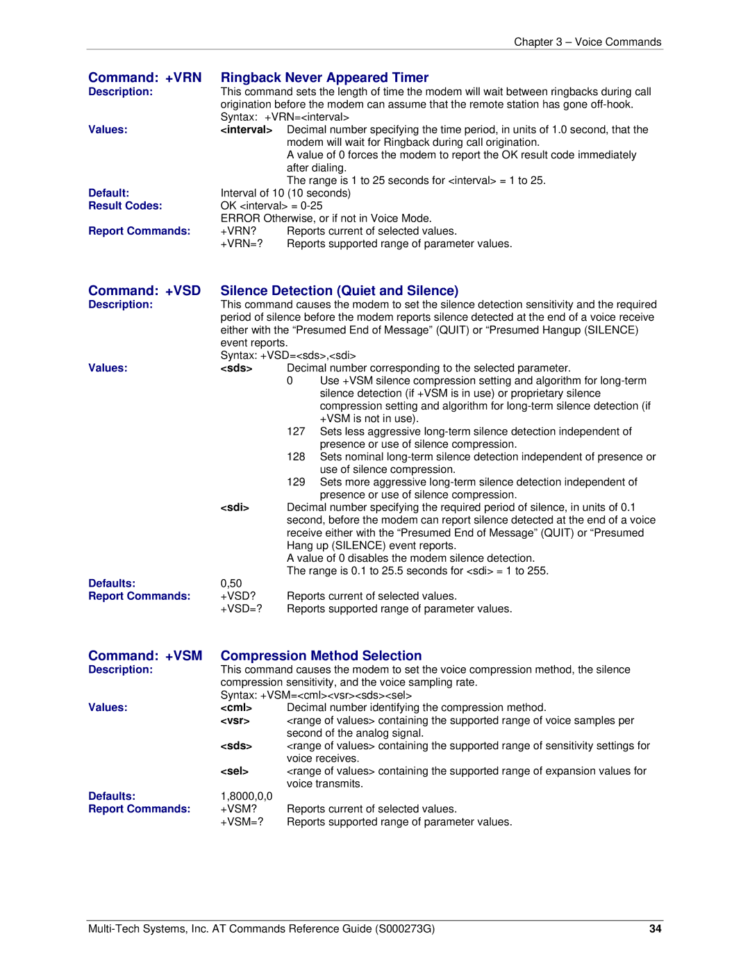 Multi-Tech Systems MT5600BA-V92 Command +VRN Ringback Never Appeared Timer, Command +VSM Compression Method Selection 