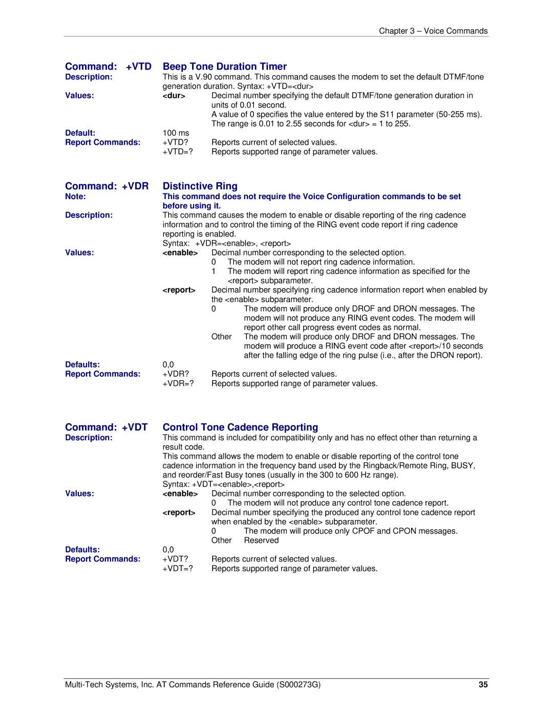 Multi-Tech Systems MT5600BA-V92 manual Command +VTD Beep Tone Duration Timer, Command +VDR Distinctive Ring 