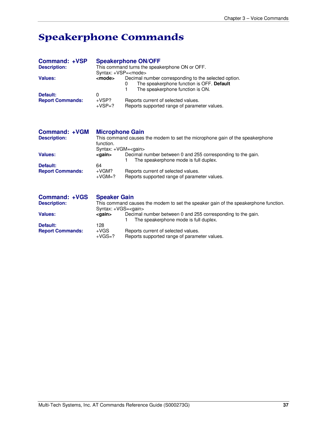 Multi-Tech Systems MT5600BA-V92 Speakerphone Commands, Command +VSP Speakerphone ON/OFF, Command +VGM Microphone Gain 