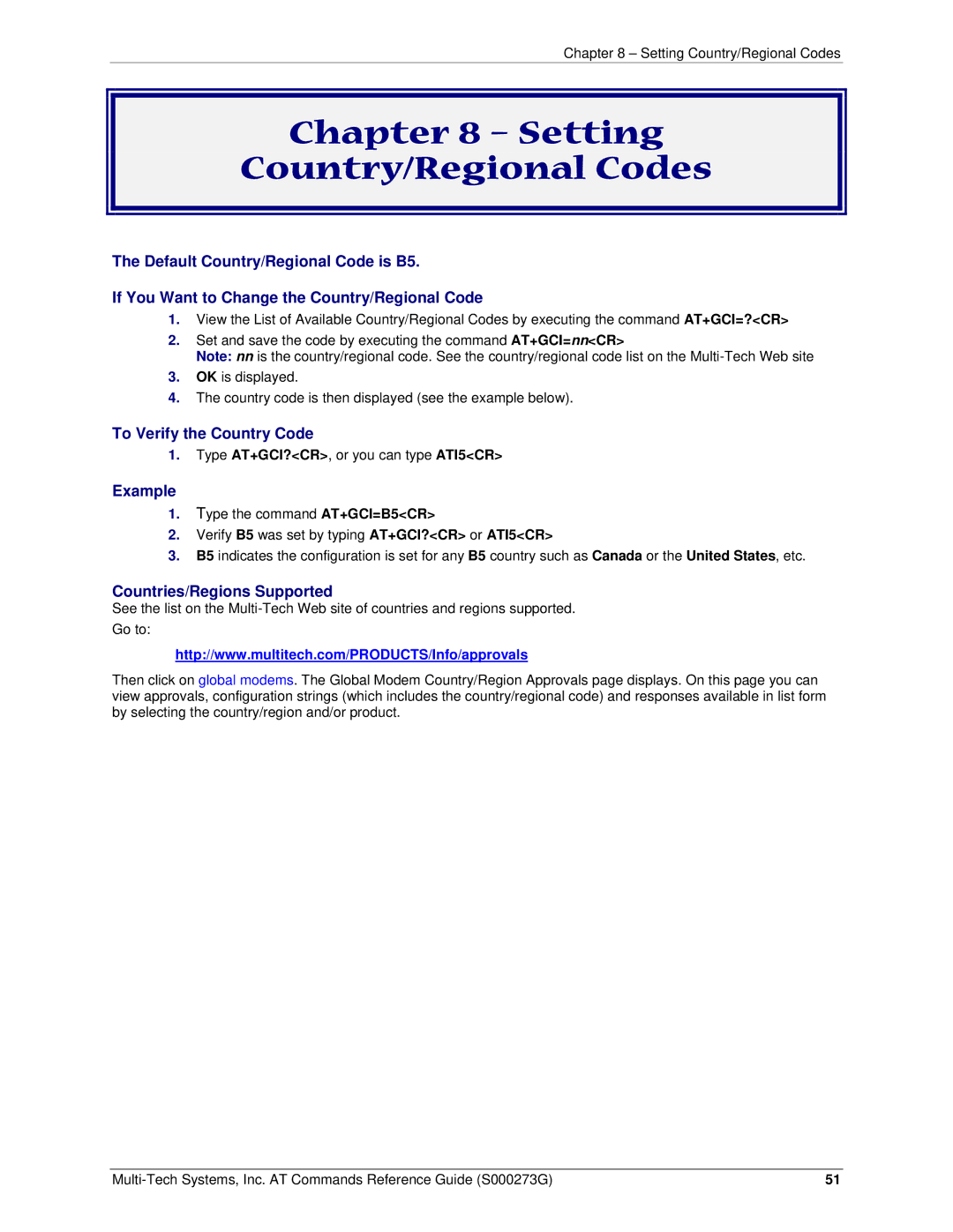 Multi-Tech Systems MT5600BA-V92 manual Setting Country/Regional Codes, Example 