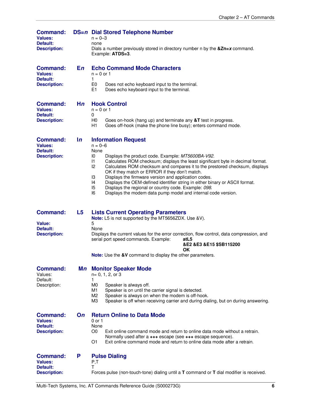 Multi-Tech Systems MT5600BA-V92 manual Command DS=n Dial Stored Telephone Number, Command En Echo Command Mode Characters 