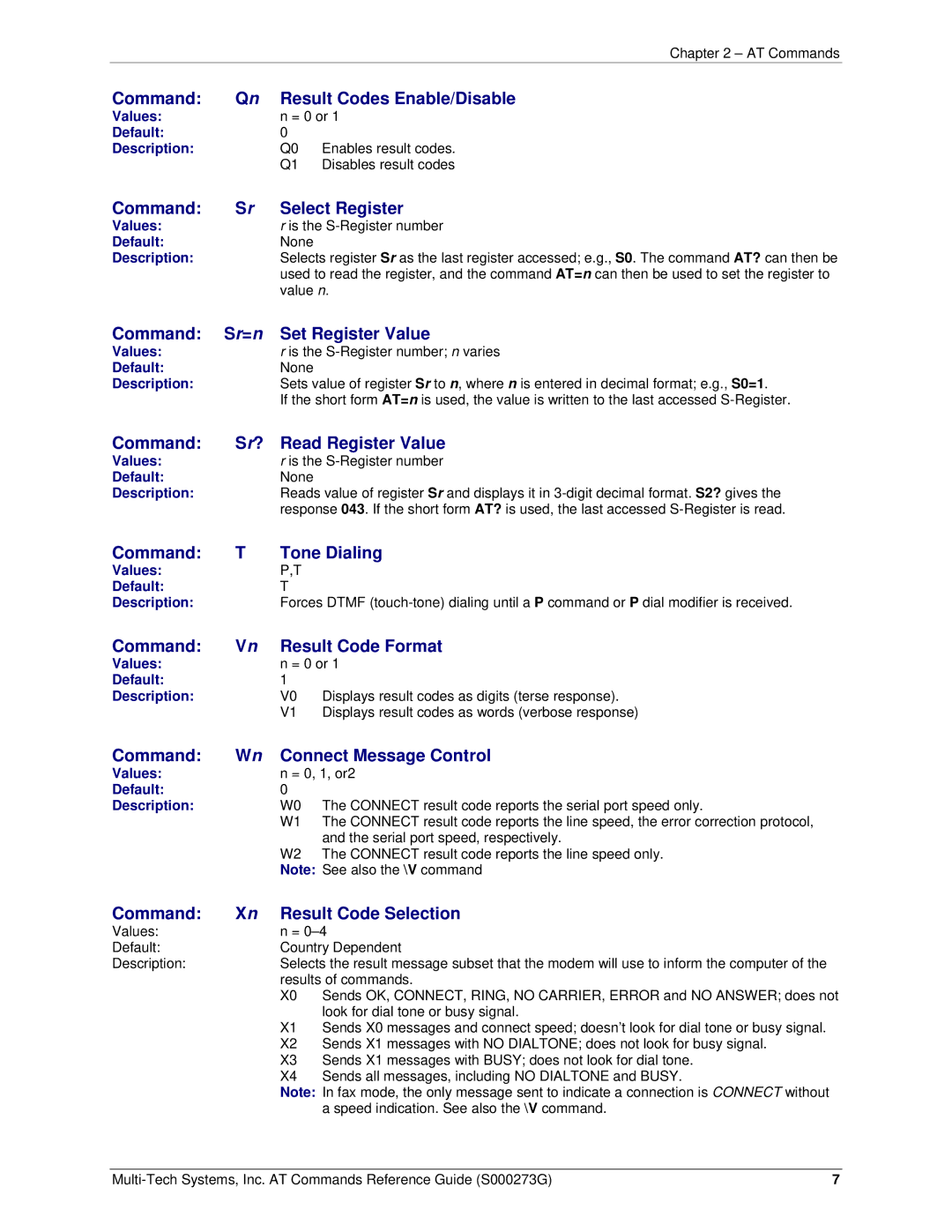 Multi-Tech Systems MT5600BA-V92 Command Result Codes Enable/Disable, Command ? Read Register Value, Command Tone Dialing 