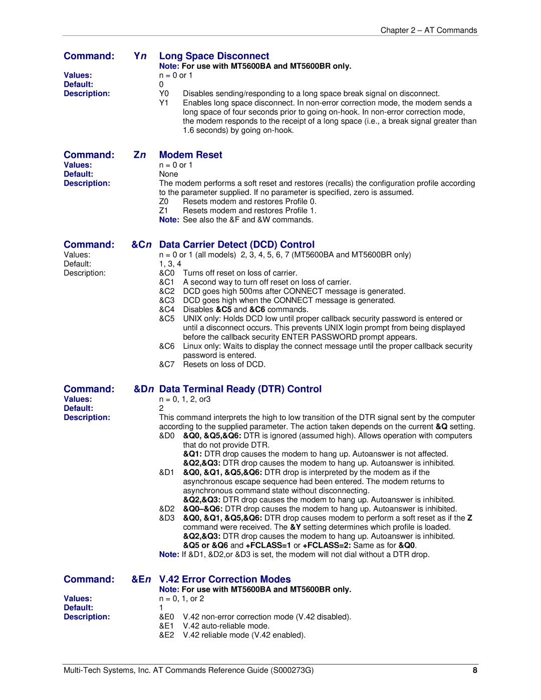 Multi-Tech Systems MT5600BA-V92 Command Long Space Disconnect, Command Modem Reset, Command En V.42 Error Correction Modes 