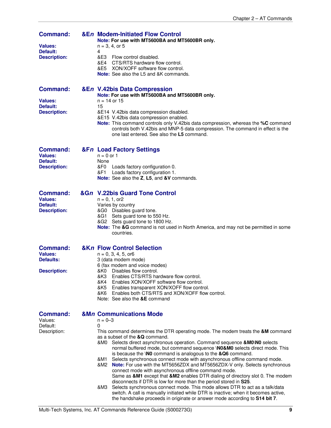 Multi-Tech Systems MT5600BA-V92 manual Command Modem-Initiated Flow Control, Command V.42bis Data Compression 