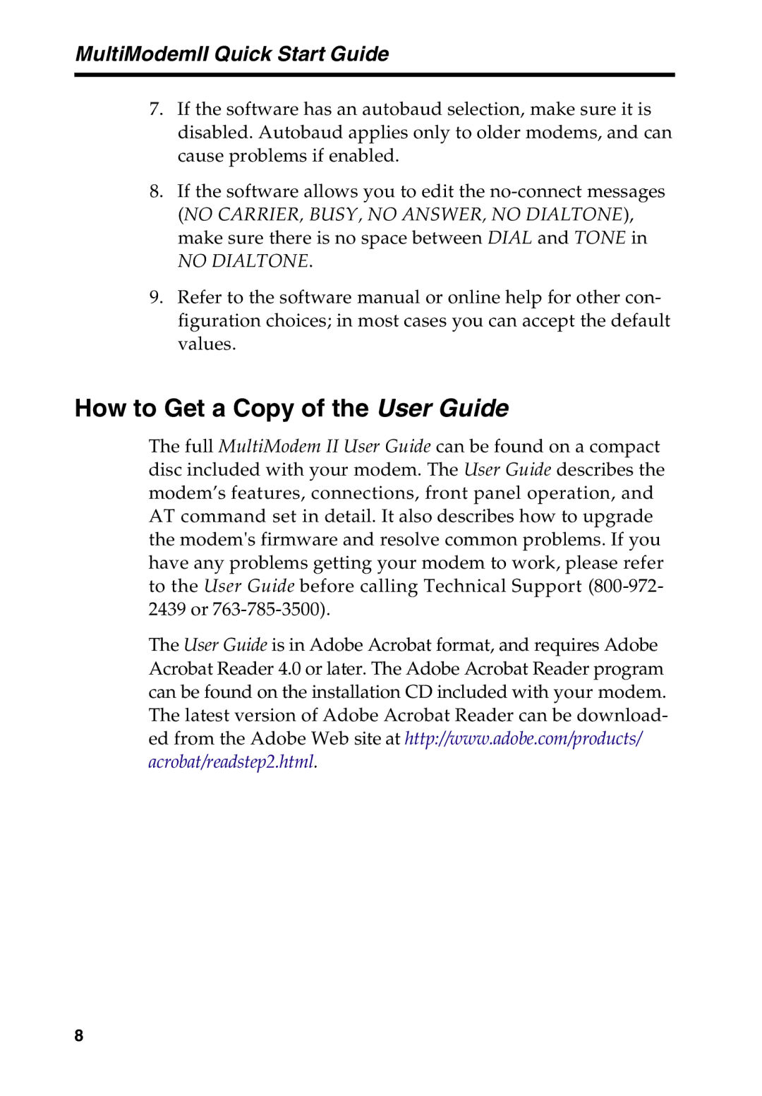 Multi-Tech Systems MT5600BA manual How to Get a Copy of the User Guide, No Dialtone 