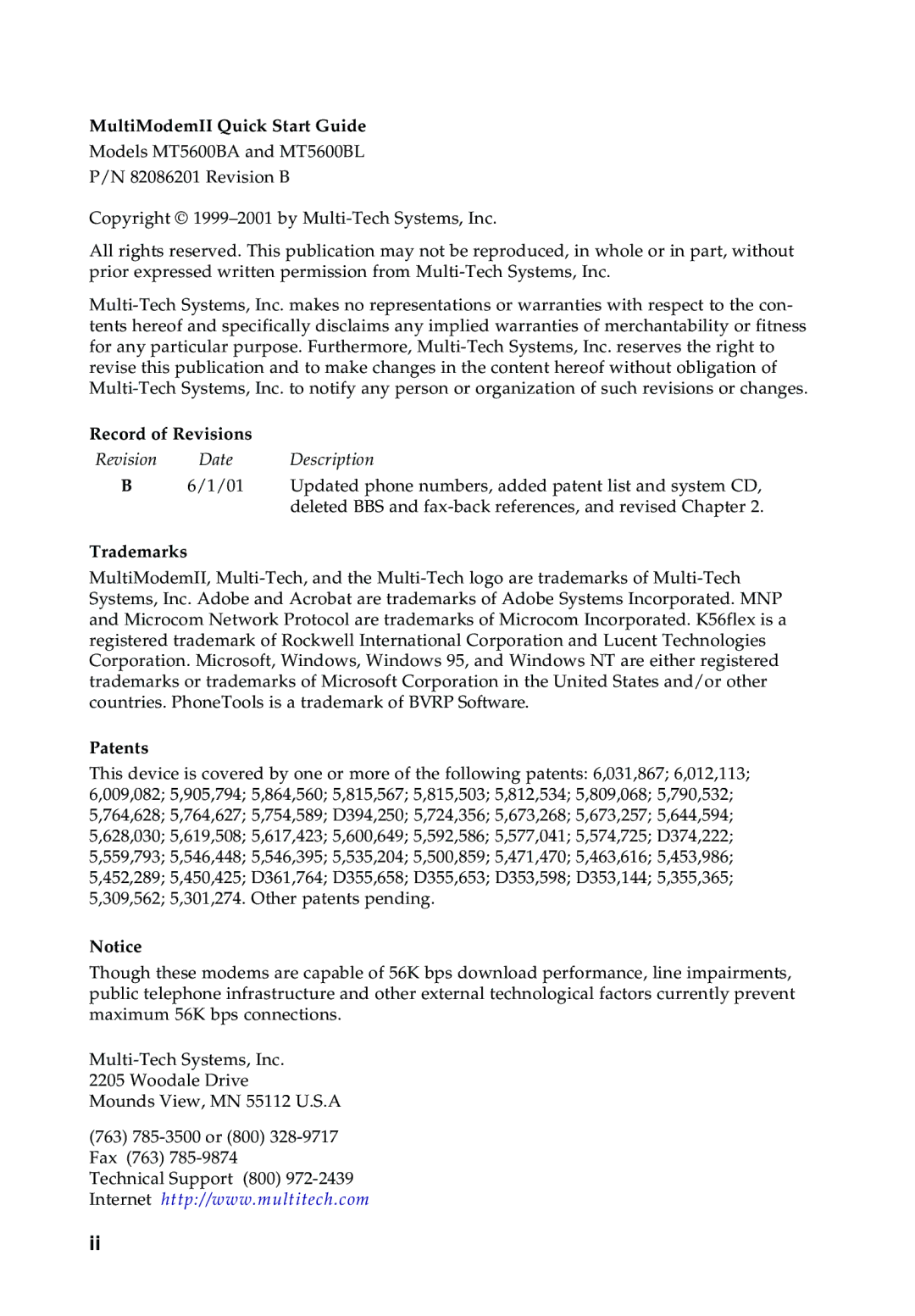 Multi-Tech Systems MT5600BA manual MultiModemII Quick Start Guide 