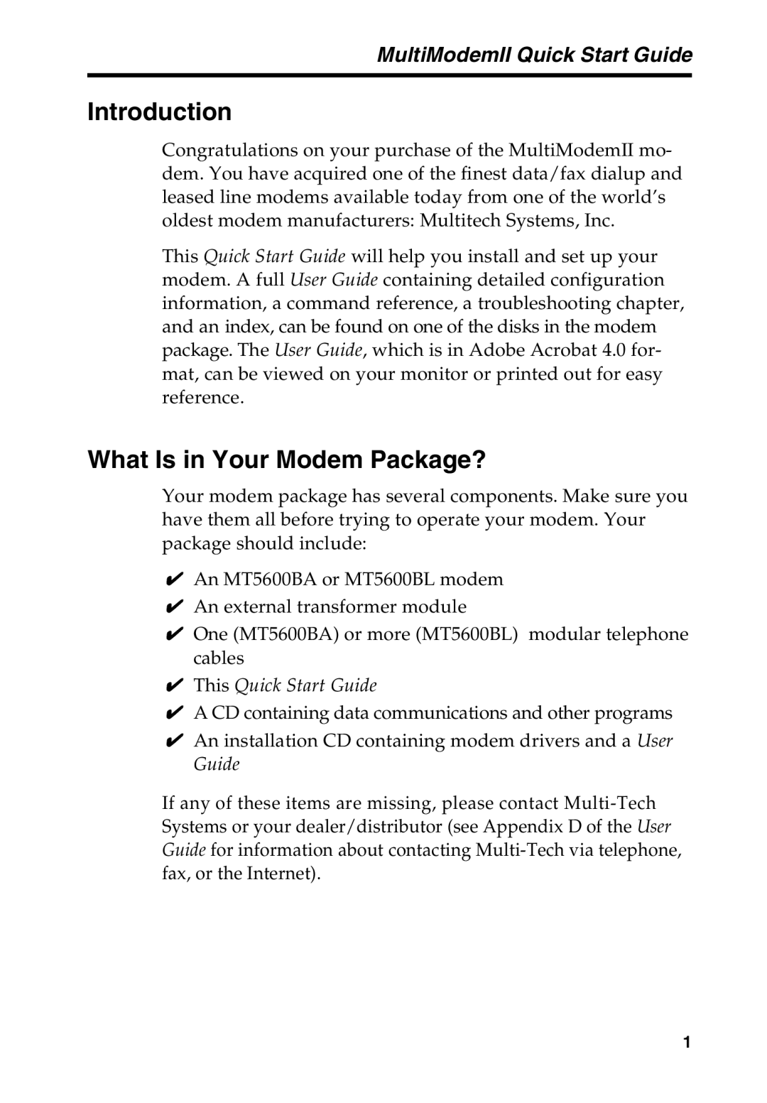 Multi-Tech Systems MT5600BA manual Introduction, What Is in Your Modem Package? 