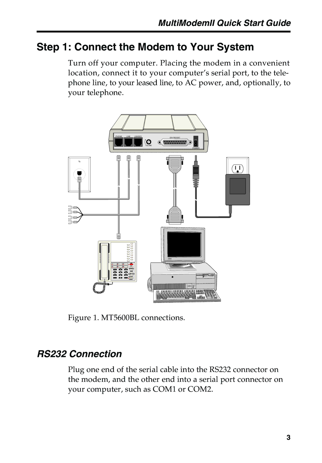 Multi-Tech Systems MT5600BA manual Connect the Modem to Your System, RS232 Connection 