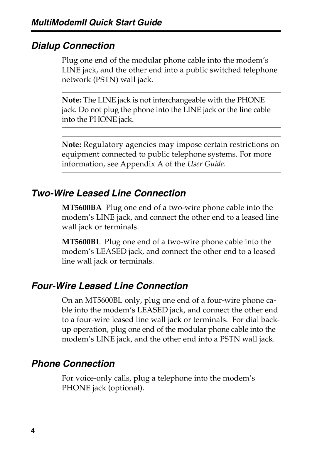 Multi-Tech Systems MT5600BA manual Dialup Connection, Two-Wire Leased Line Connection, Four-Wire Leased Line Connection 