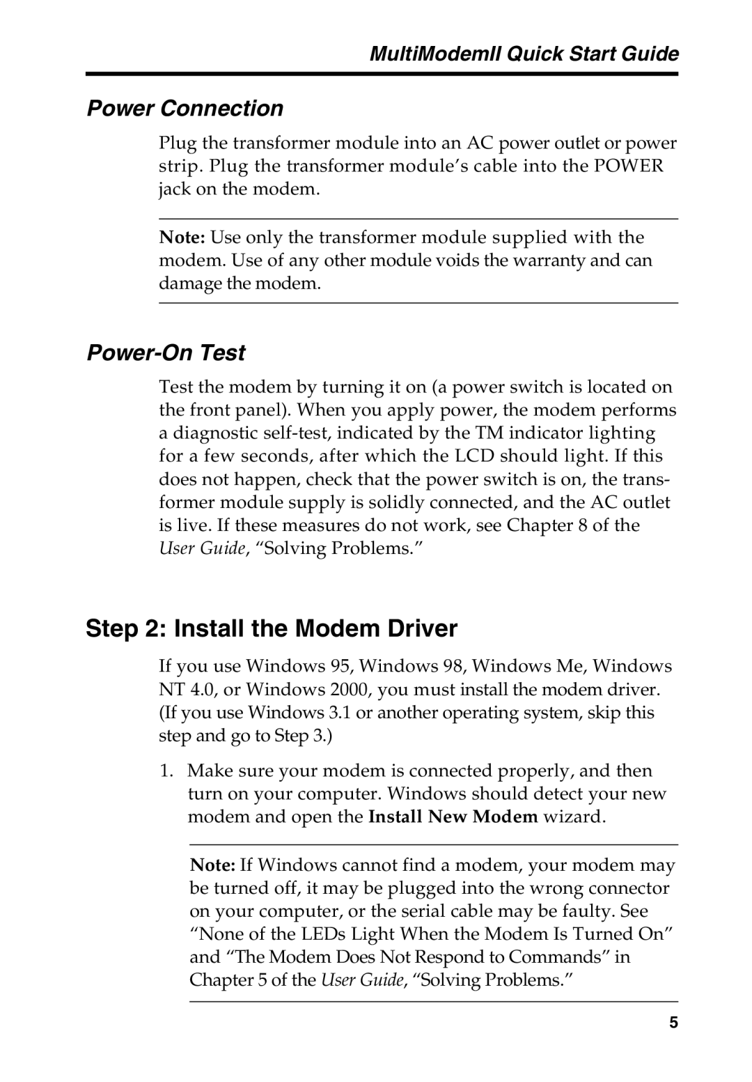 Multi-Tech Systems MT5600BA manual Install the Modem Driver, Power Connection, Power-On Test 