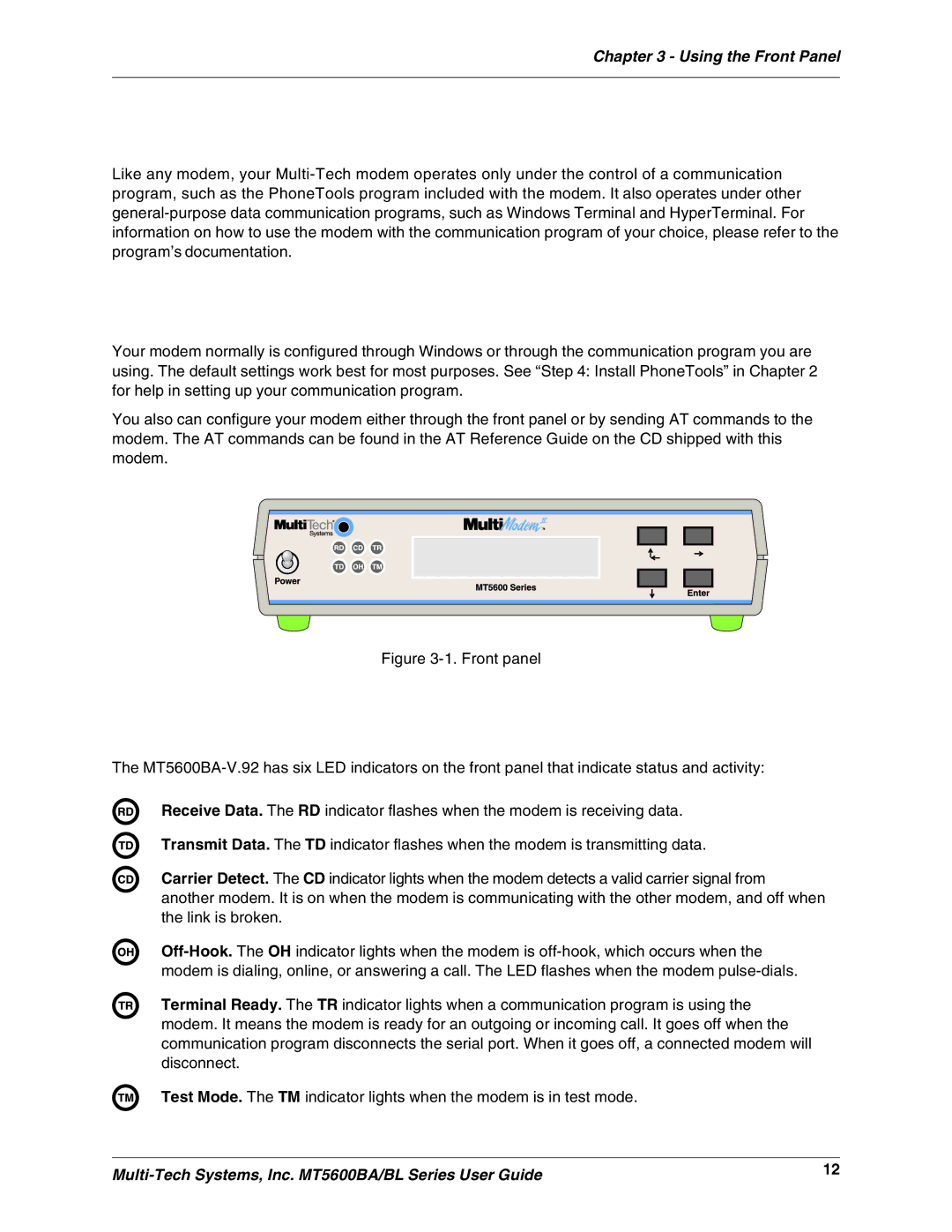 Multi-Tech Systems MT5600BLV.90, MT5600BAV.90, MT5600BAV.92 manual Using the Front Panel 