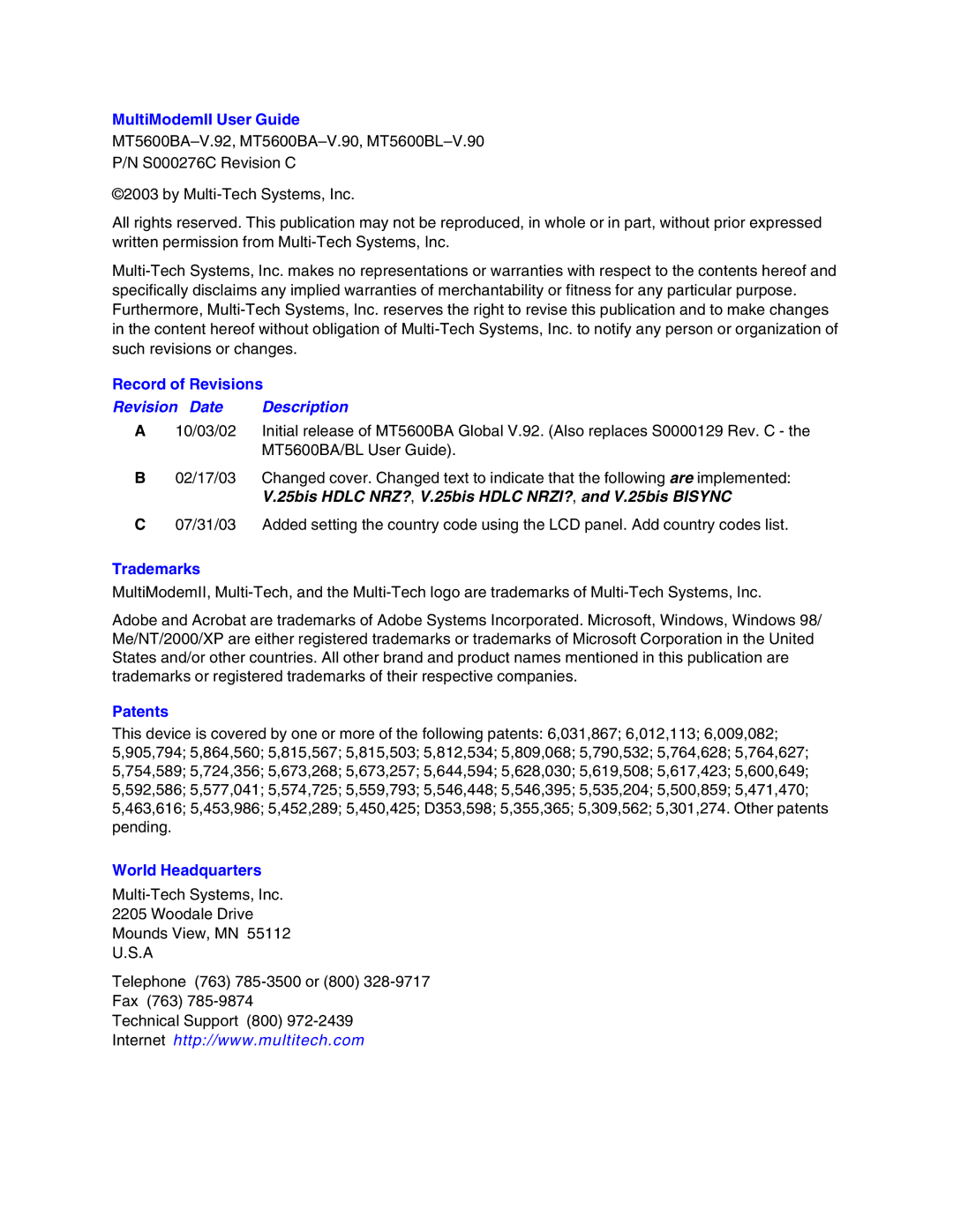 Multi-Tech Systems MT5600BAV.92, MT5600BLV.90, MT5600BAV.90 manual Revision Date Description 