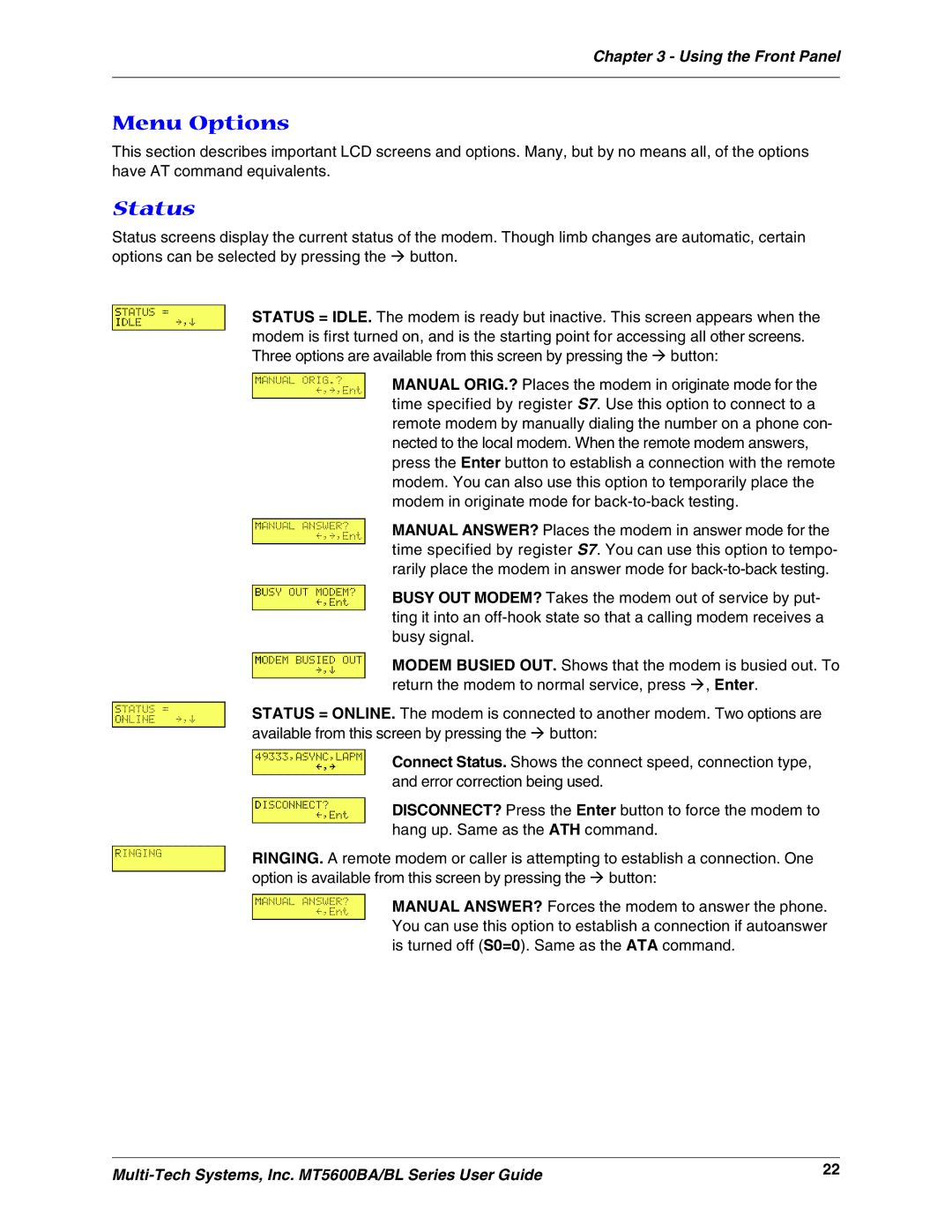 Multi-Tech Systems MT5600BAV.90, MT5600BLV.90, MT5600BAV.92 manual Using the Front Panel 