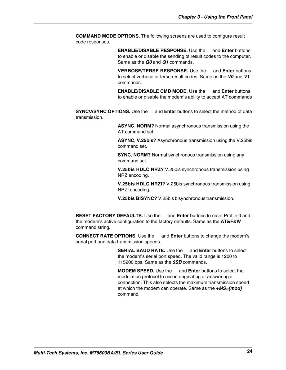 Multi-Tech Systems MT5600BLV.90, MT5600BAV.90, MT5600BAV.92 manual Using the Front Panel 