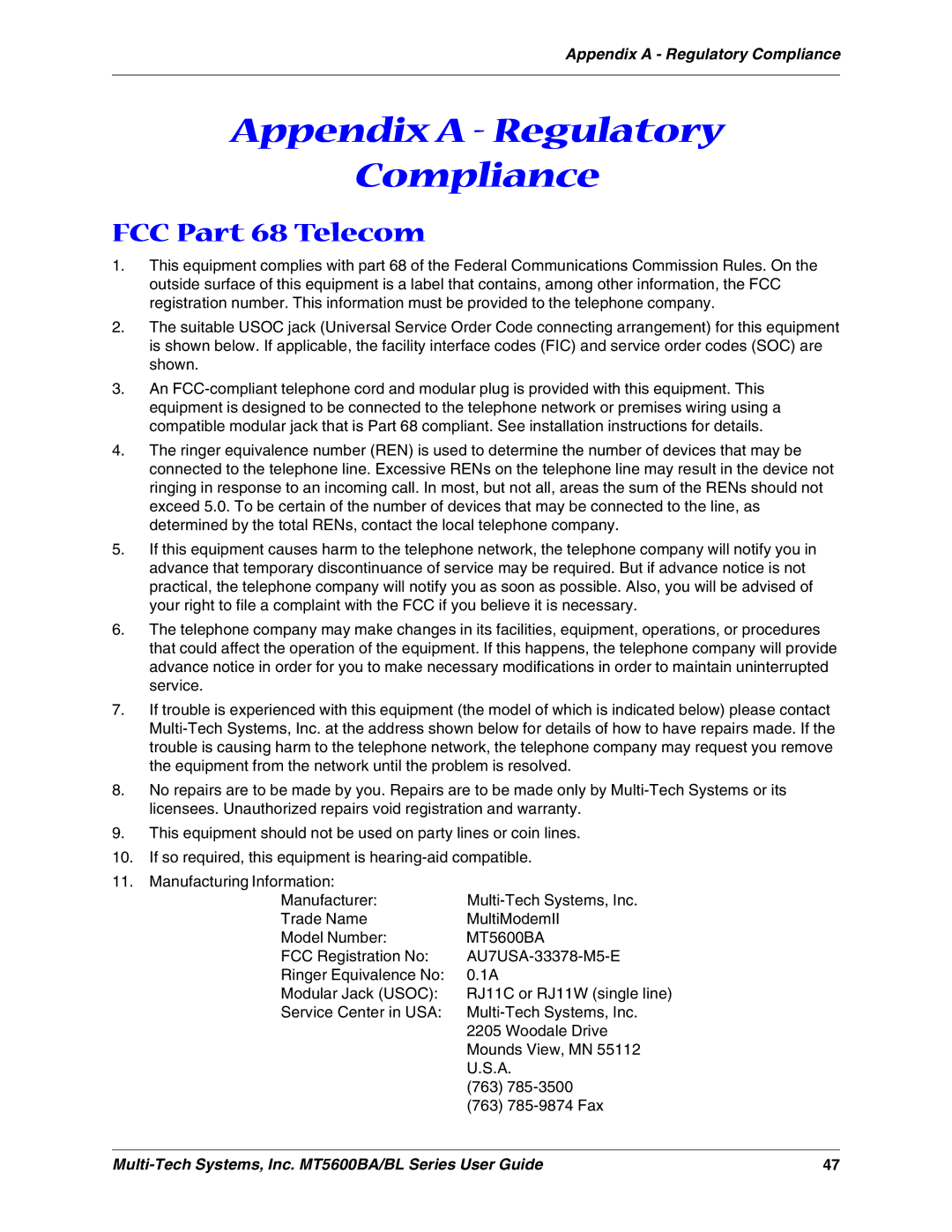 Multi-Tech Systems MT5600BAV.92, MT5600BLV.90, MT5600BAV.90 manual Appendix a Regulatory Compliance 