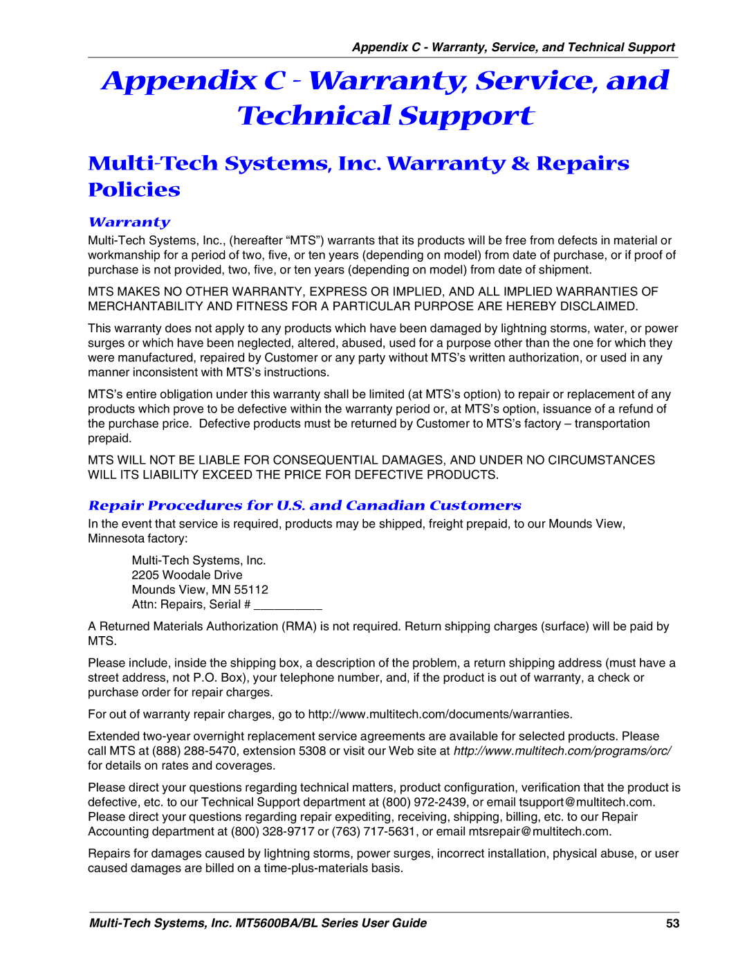 Multi-Tech Systems MT5600BAV.92, MT5600BLV.90, MT5600BAV.90 manual Appendix C Warranty,Service, and Technical Support 